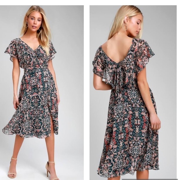 Lulu’s Jewel Tone Ruffle Floral Print Flutter Sleeve  Midi Dress - Picture 1 of 7